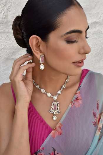 Swabhimann_Pink Imitation Diamonds Carved Pendant Necklace Set _Online_at_Aza_Fashions