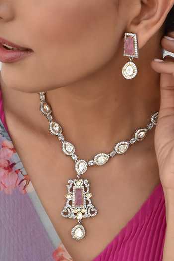 Buy_Swabhimann_Pink Imitation Diamonds Carved Pendant Necklace Set _Online_at_Aza_Fashions