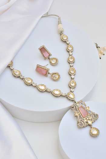 Shop Swabhimann Pink Imitation Diamonds Carved Pendant Necklace Set at Aza Fashions Shop_Swabhimann_Pink Imitation Diamonds Carved Pendant Necklace Set _at_Aza_Fashions