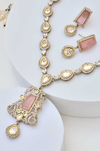 Shop_Swabhimann_Pink Imitation Diamonds Carved Pendant Necklace Set _Online_at_Aza_Fashions