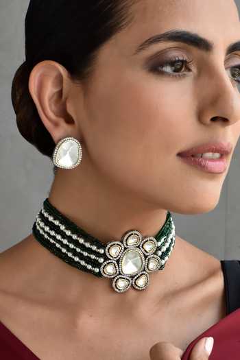 Swabhimann_Green Imitation Diamonds Polki Embellished Choker Set _Online_at_Aza_Fashions