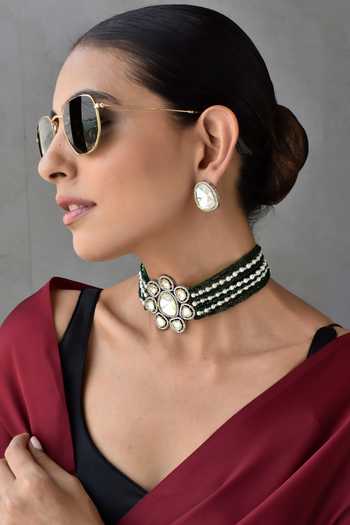 Buy_Swabhimann_Green Imitation Diamonds Polki Embellished Choker Set _Online_at_Aza_Fashions