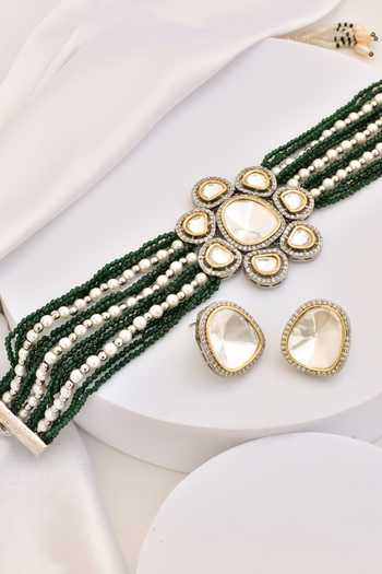 Shop_Swabhimann_Green Imitation Diamonds Polki Embellished Choker Set _Online_at_Aza_Fashions