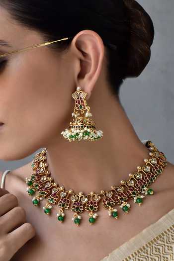Swabhimann_Multi Color Stones Flower Carved Kundan Embellished Necklace Set _Online_at_Aza_Fashions