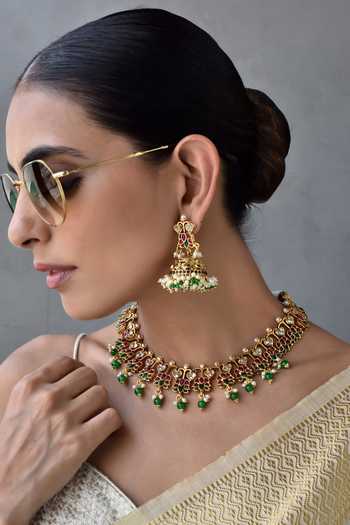 Buy_Swabhimann_Multi Color Stones Flower Carved Kundan Embellished Necklace Set _Online_at_Aza_Fashions