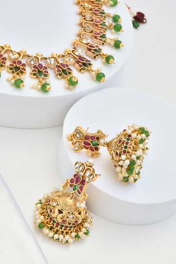 Shop_Swabhimann_Multi Color Stones Flower Carved Kundan Embellished Necklace Set _Online_at_Aza_Fashions