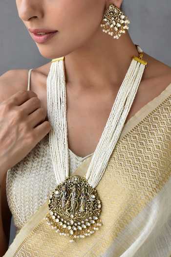 Swabhimann_Gold Plated Pearls Carved Temple Necklace Set _Online_at_Aza_Fashions