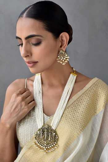 Buy_Swabhimann_Gold Plated Pearls Carved Temple Necklace Set _Online_at_Aza_Fashions
