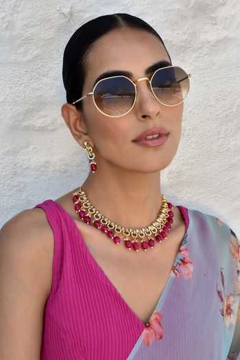 Swabhimann_Red Beads, Diamonds Polki Embellished Choker Set _Online_at_Aza_Fashions