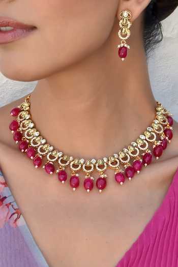 Buy_Swabhimann_Red Beads, Diamonds Polki Embellished Choker Set _Online_at_Aza_Fashions