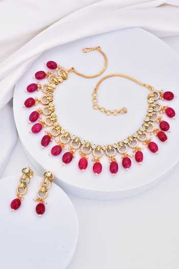 Shop_Swabhimann_Red Beads, Diamonds Polki Embellished Choker Set _Online_at_Aza_Fashions