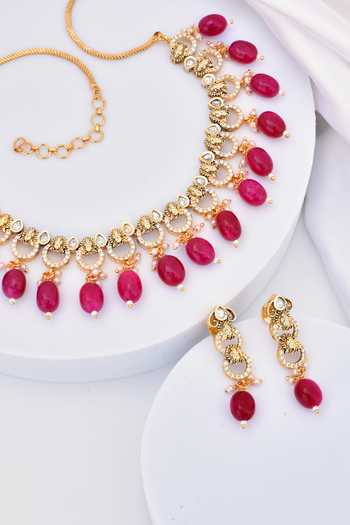 Swabhimann_Red Beads, Diamonds Polki Embellished Choker Set _at_Aza_Fashions