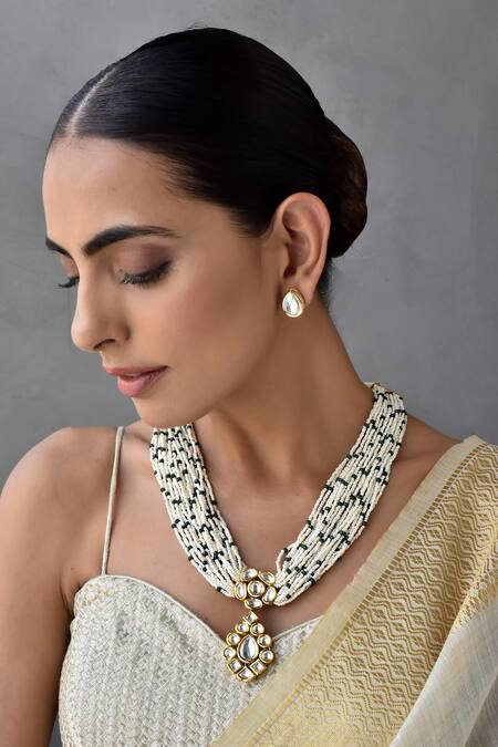 Buy_Swabhimann_Green Pearls, Stones Carved Kundan Pendant Necklace Set _Online_at_Aza_Fashions