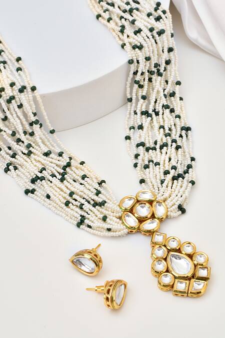 Shop_Swabhimann_Green Pearls, Stones Carved Kundan Pendant Necklace Set _Online_at_Aza_Fashions