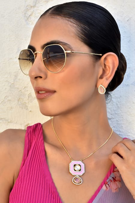 Swabhimann_Pink Stones Hexagon Pendant Necklace Set _Online_at_Aza_Fashions