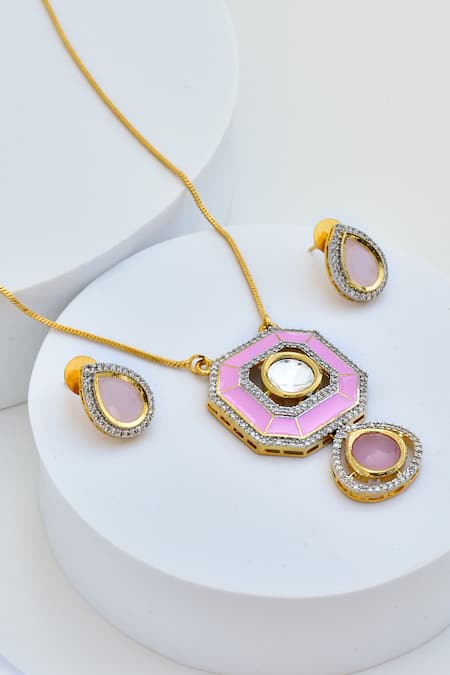 Shop_Swabhimann_Pink Stones Hexagon Pendant Necklace Set _Online_at_Aza_Fashions
