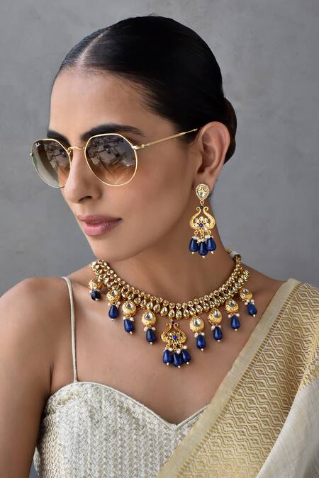 Buy_Swabhimann_Blue Beads, Diamonds, Stones Flower Carved Kundan Embellished Jewellery Set _Online_at_Aza_Fashions