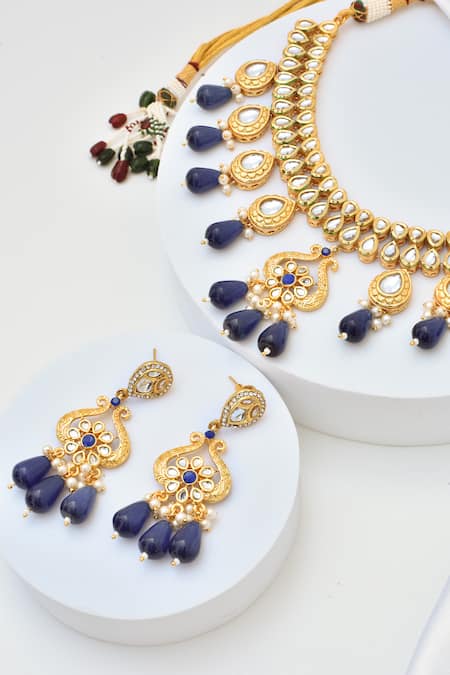 Shop_Swabhimann_Blue Beads, Diamonds, Stones Flower Carved Kundan Embellished Jewellery Set _Online_at_Aza_Fashions