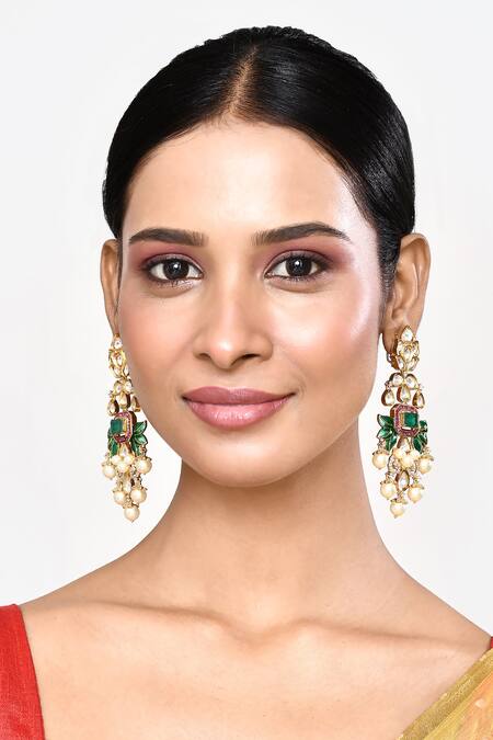 Buy_Our Purple Studio_Green Crystals, Pearls French Bloom Petal Stone Embellished Danglers _Online_at_Aza_Fashions