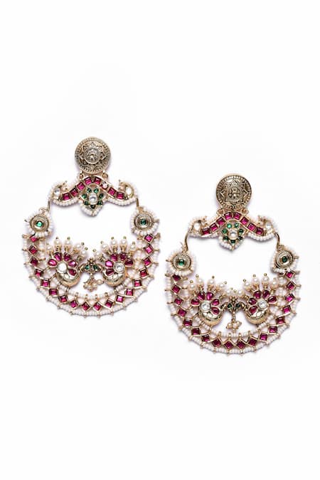 Shop_Our Purple Studio_White Applique Stone Embellished Phool Chandbali _at_Aza_Fashions