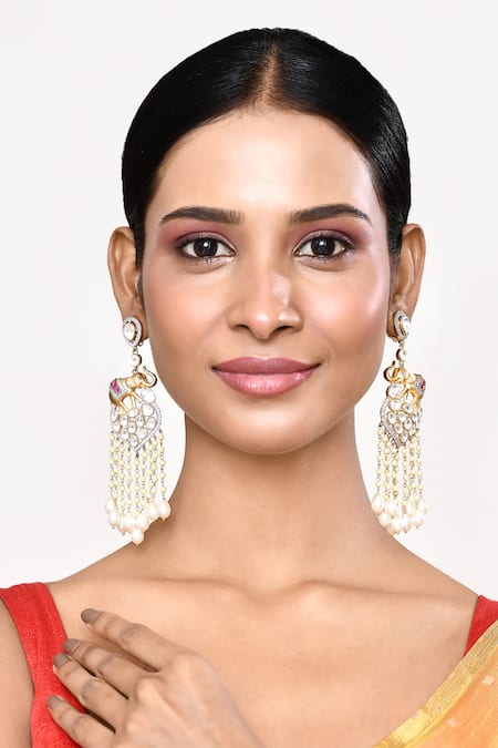 Buy_Our Purple Studio_Gold Plated Crystals, Pearls Gaja Rays Embellished Danglers _Online_at_Aza_Fashions