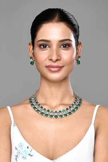 Shop_Our Purple Studio_Green Crystals, Stones Studded Floral Necklace Set_Online_at_Aza_Fashions