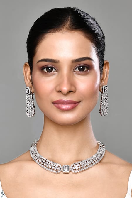 Shop_Our Purple Studio_White Crystals, Stones Studded Choker Necklace Set _Online_at_Aza_Fashions