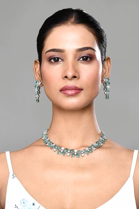 Shop_Our Purple Studio_Green Crystals, Stones Studded Floral Vine Necklace Set _Online_at_Aza_Fashions