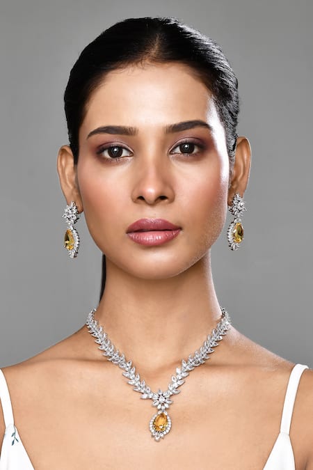 Shop_Our Purple Studio_White Diamonds, Stones Floral Studded Drop Necklace Set _Online_at_Aza_Fashions