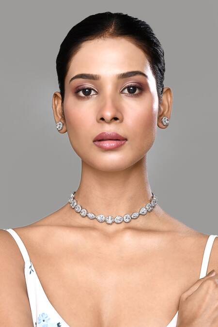 Our Purple Studio_Silver Plated Crystals Clear Stone Studded Necklace Set _at_Aza_Fashions