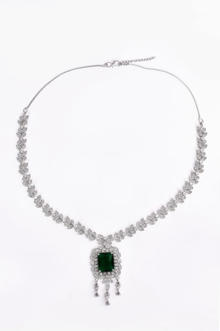 Buy_Our Purple Studio_Green Diamonds, Crystals, Stones Studded Foliage Drop Necklace Set _Online_at_Aza_Fashions