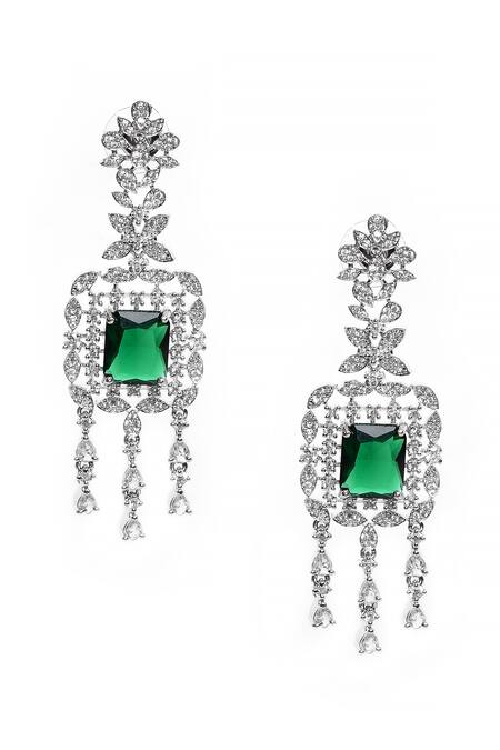 Shop_Our Purple Studio_Green Diamonds, Crystals, Stones Studded Foliage Drop Necklace Set _Online_at_Aza_Fashions