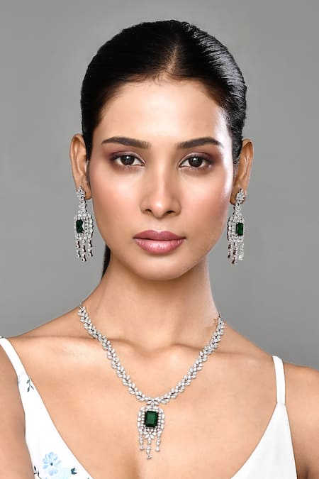 Our Purple Studio_Green Diamonds, Crystals, Stones Studded Foliage Drop Necklace Set _at_Aza_Fashions