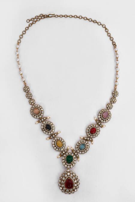 Our Purple Studio_Gold Plated Pearls, Stones Studded Floral Blossom Necklace Set_Online_at_Aza_Fashions