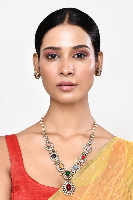 Shop_Our Purple Studio_Gold Plated Pearls, Stones Studded Floral Blossom Necklace Set_Online_at_Aza_Fashions