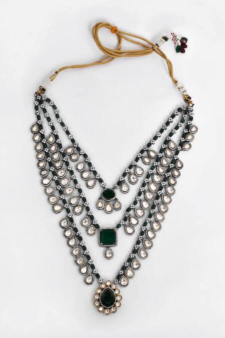 Our Purple Studio Green Diamonds, Stones Studded Multi-layered Necklace Set Online at Aza Fashions Our Purple Studio_Green Diamonds, Stones Studded Multi-layered Necklace Set _Online_at_Aza_Fashions