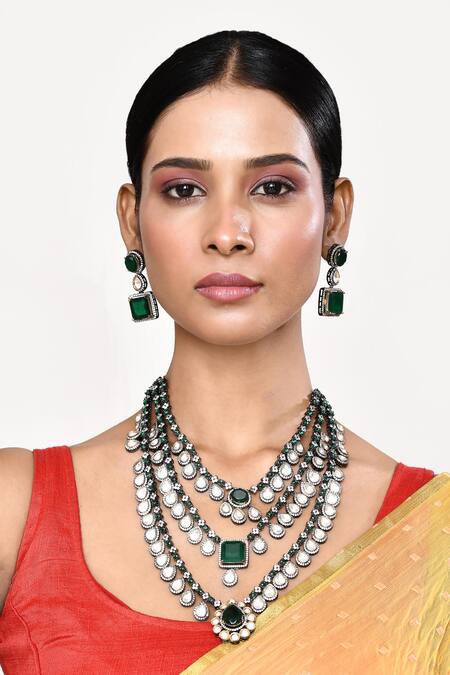Our Purple Studio_Green Diamonds, Stones Studded Multi-layered Necklace Set _at_Aza_Fashions