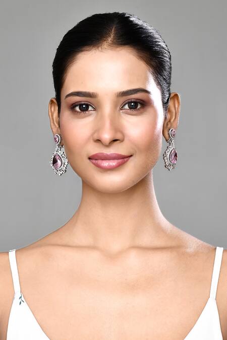 Buy_Our Purple Studio_Silver Plated Crystals, Stones Embellished Dangler Earrings _Online_at_Aza_Fashions