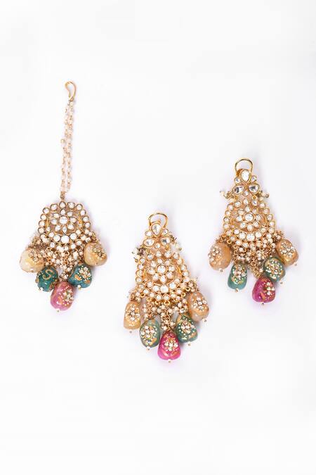 Our Purple Studio_Gold Plated Stones Embellished Long Pendant Necklace Set _at_Aza_Fashions