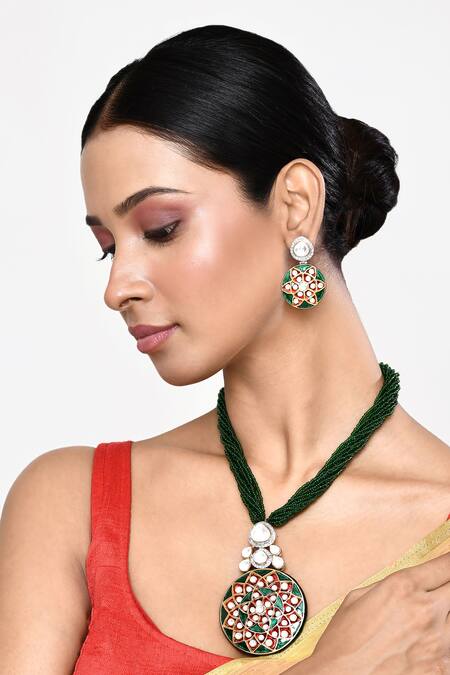 Shop_Our Purple Studio_Gold Plated Crystals, Beads, Stones Embellished Pendant Necklace Set _Online_at_Aza_Fashions