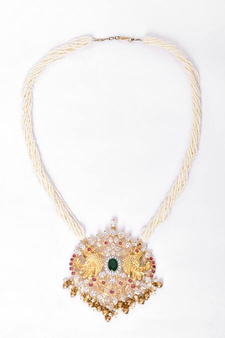 Our Purple Studio_White Crystals, Beads, Stones Embellished Long Pendant Necklace Set_Online_at_Aza_Fashions