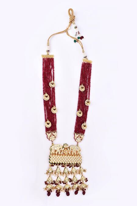 Our Purple Studio_Maroon Beads, Stones Embellished Long Pendant Necklace Set _Online_at_Aza_Fashions