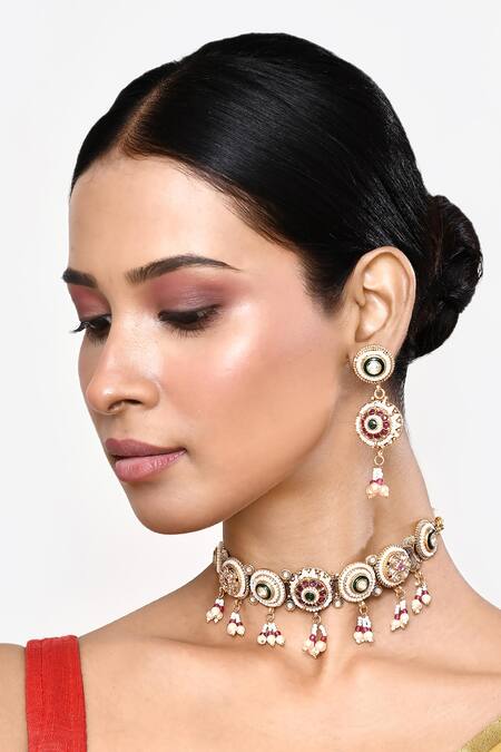 Shop_Our Purple Studio_Gold Plated Pearls, Stones Circular Unit And Bead Embellished Necklace Set _Online_at_Aza_Fashions