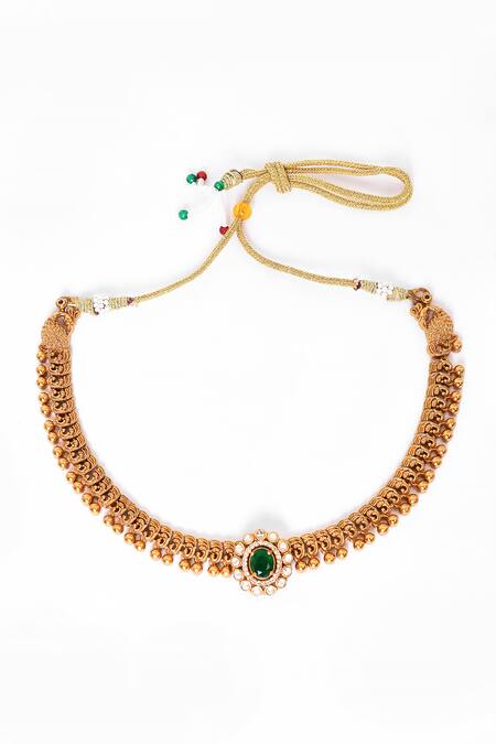 Our Purple Studio_Gold Plated Stones Carved Embellished Necklace Set_Online_at_Aza_Fashions