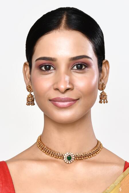 Shop_Our Purple Studio_Gold Plated Stones Carved Embellished Necklace Set_Online_at_Aza_Fashions