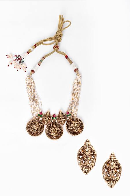 Shop Our Purple Studio White Pearls, Stones Carved Circular Unit Temple Necklace Set at Aza Fashions Shop_Our Purple Studio_White Pearls, Stones Carved Circular Unit Temple Necklace Set_at_Aza_Fashions