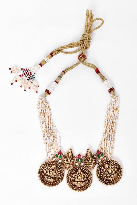 Our Purple Studio_White Pearls, Stones Carved Circular Unit Temple Necklace Set_Online_at_Aza_Fashions