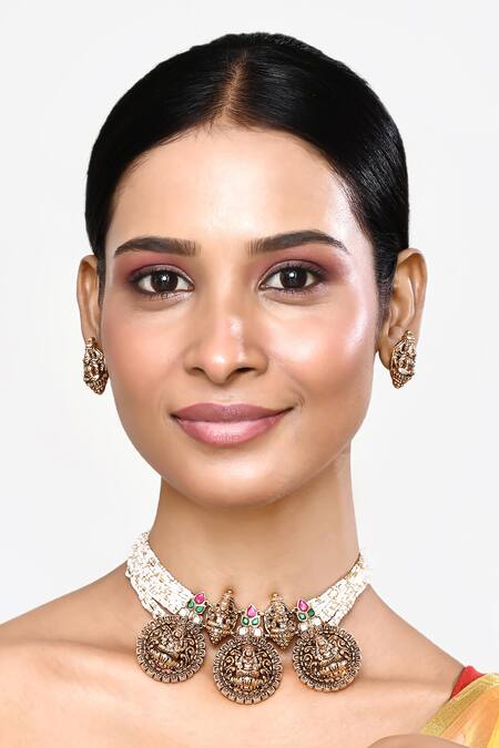 Shop_Our Purple Studio_White Pearls, Stones Carved Circular Unit Temple Necklace Set_Online_at_Aza_Fashions