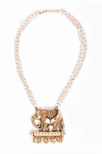 Our Purple Studio_White Pearls Elephant Motif Pendant Necklace Set_Online_at_Aza_Fashions