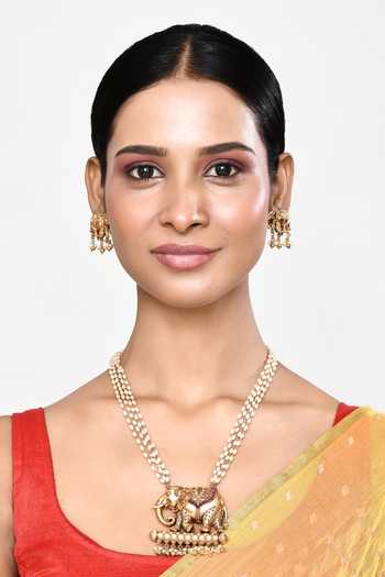 Shop_Our Purple Studio_White Pearls Elephant Motif Pendant Necklace Set_Online_at_Aza_Fashions